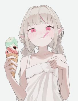1girl bare_shoulders blunt_bangs blush braid closed_mouth collarbone dress food grey_hair hanon_non highres ice_cream ice_cream_cone long_hair looking_at_viewer makaino_ririmu makaino_ririmu_(3rd_costume) mouth_hold multicolored_hair multiple_scoops nijisanji pink_eyes pointy_ears red_hair sidelocks simple_background sleeveless sleeveless_dress solo spoon strap_slip streaked_hair sundress sweat twin_braids twitter_username upper_body virtual_youtuber waffle_cone white_background white_dress