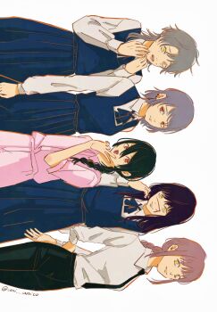 5girls arms_behind_back black_necktie black_pants blue_dress blue_ribbon braid breasts chainsaw_man closed_mouth collared_shirt cowboy_shot dress earrings fami_(chainsaw_man) famine_devil_(chainsaw_man) hair_over_shoulder hand_in_own_hair hand_to_own_mouth highres jewelry light_frown long_hair looking_at_viewer makima_(chainsaw_man) medium_breasts mole mole_on_cheek mole_under_eye multiple_girls multiple_moles nayuta_(chainsaw_man) neck_ribbon necktie nervous open_mouth pants parted_lips pinafore_dress pink_dress red_eyes red_hair ribbon ringed_eyes scar scar_on_face scar_on_nose shirt sidelocks single_braid sleeveless sleeveless_dress smile twitter_username uni_(uni_unico) v white_background white_shirt yellow_eyes yoru_(chainsaw_man)