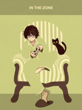 ambiguous_gender black_cat black_eyes black_hair blending brown_slippers cat chair controller expressionless full_body game_controller glasses green_background green_pajamas green_pants green_shirt highres holding holding_controller holding_game_controller looking_at_viewer original other_focus pajamas pants playing_games shirt short_hair sitting slippers solo syooooyoooo