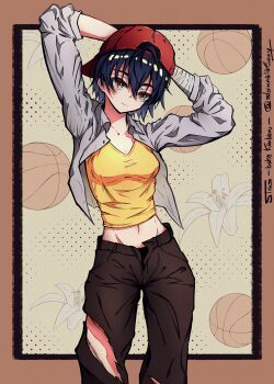 1girl abs absurdres arms_behind_head artist_name backwards_hat bakemonogatari ball bandaged_arm bandages baseball_cap basketball_(object) black_border black_hair black_panties black_pants border brown_border character_name closed_mouth collarbone collared_shirt commentary contrapposto copyright_name english_commentary flower groin hair_between_eyes halftone halftone_background hat highres kanbaru_suruga layered_sleeves light_smile lily_(flower) long_sleeves midriff monogatari_(series) navel open_clothes open_fly open_shirt outside_border panties pants red_hat sbinnalatony shirt short_hair signature smile solo standing stretching tomboy toned toned_female torn_clothes torn_pants twitter_username unbuttoned unbuttoned_shirt underwear v-neck white_flower white_shirt yellow_shirt