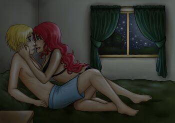 1boy 1girl blonde_hair blue_eyes boxers green_eyes imminent_kiss in_bed jaune_arc lingerie male_underwear pyrrha_nikos red_hair rwby underwear