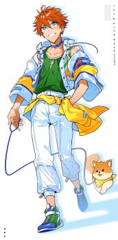 1boy absurdres akehoshi_subaru blue_choker blue_eyes choker commentary daikichi_(ensemble_stars!) dog dongbackbyul ensemble_stars! full_body green_tank_top grin hair_between_eyes hand_in_pocket highres holding holding_leash jacket leash long_sleeves looking_at_viewer male_focus open_clothes open_jacket orange_hair pants short_hair simple_background smile solo tank_top white_background white_jacket white_pants