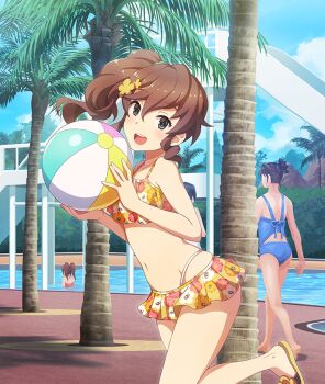 3girls ball bare_shoulders barefoot beachball bikini bikini_skirt black_hair blue_bikini blue_sky brown_hair cloud day floral_print floral_print_bikini flower from_side game_cg grey_eyes groin hair_bun hair_flower hair_ornament hair_tie high_side_ponytail holding holding_ball holding_beachball layered_bikini looking_at_viewer medium_hair multiple_girls navel nishi_kozue official_art open_mouth outdoors palm_tree partially_submerged print_bikini sandals short_hair sidelocks single_hair_bun skirt sky slide smile solo_focus standing standing_on_one_leg swimsuit teeth third-party_source toji_no_miko toji_no_miko:_kizamishi_issen_no_tomoshibi tree twintails upper_teeth_only walking waterpark yellow_bikini yellow_flower yellow_sandals yellow_skirt