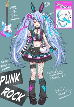 >:) 1girl animal_ears asymmetrical_gloves black_gloves black_shoes black_skirt black_socks blue_hair closed_mouth collar collarbone commentary_request crop_top don-chan_(usada_pekora) electric_guitar english_text eyes_visible_through_hair fingerless_gloves fishnet_pantyhose fishnets full_body gloves grey_background guitar hair_ornament hair_over_one_eye hairclip highres hololive instrument kiritoma kneehighs long_hair loose_socks metal_collar mismatched_gloves multicolored_hair navel pantyhose pleated_skirt purple_hair rabbit-shaped_pupils rabbit_ears red_eyes shoes short_eyebrows simple_background skirt smile socks solo standing streaked_hair striped_clothes striped_gloves symbol-shaped_pupils thick_eyebrows translation_request usada_pekora v-shaped_eyebrows very_long_hair virtual_youtuber white_hair