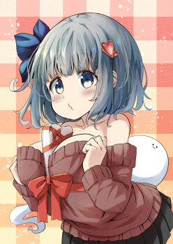 1girl alternate_breast_size_(larger) alternate_costume arched_back black_skirt blush bow box breasts breasts_squeezed_together brown_sweater chest_bow commentary_request gift_between_breasts gingham_background green_eyes grey_hair hair_bow hair_ornament heart heart-shaped_box heart_hair_ornament highres hitodama konpaku_youmu konpaku_youmu_(ghost) large_breasts leaning_forward miniskirt o3o off-shoulder_sweater off_shoulder orange_background pegashi pleated_skirt puckered_lips short_hair skirt solo sweater touhou upper_body wispy_bangs