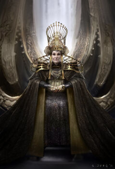 1girl alien artist_request blue_eyes cape crown dc_comics dc_extended_universe dccu dress female_focus jewelry kryptonian man_of_steel ring ro-zar robe sequins sitting solo source_request throne