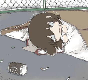 1girl bags_under_eyes book book_pillow brown_hair can cardboard chain-link_fence cigarette_butt fang fence grey_eyes homeless looking_at_viewer lying medium_hair on_ground on_side open_mouth original outdoors solo torosakana trembling under_covers wavy_mouth