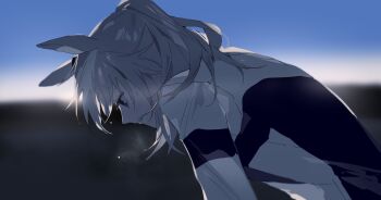 1girl absurdres animal_ears backlighting blue_eyes blue_sky blurry blurry_background breath chinese_commentary clenched_teeth commentary_request dawn exercising from_side heavy_breathing highres horse_ears horse_girl jacket kasamatsu_tracen_training_uniform leaning_forward long_sleeves medium_hair multicolored_jacket oguri_cap_(umamusume) outdoors profile purple_jacket qing_yan_xia side_ponytail sky solo teeth track_jacket twilight two-tone_jacket umamusume umamusume:_cinderella_gray upper_body white_hair white_jacket white_sleeves