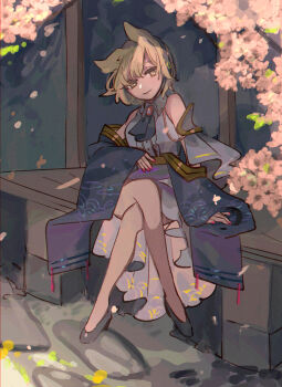 1girl absurdres alternate_costume ascot bare_shoulders black_ascot blonde_hair cherry_blossoms closed_mouth crossed_legs dress earphones full_body highres light_smile looking_at_viewer nail_polish pink_nails pointy_hair robe shi_chimi sitting sleeveless sleeveless_dress solo touhou toyosatomimi_no_miko white_dress yellow_eyes