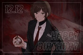 1girl black_jacket blood blood_on_face brown_eyes brown_hair closed_mouth collared_shirt commentary e.g.o_(project_moon) english_commentary happy_birthday highres holding holding_pocket_watch inset_border jacket limbus_company looking_at_viewer necktie outis_(project_moon) outside_border pocket_watch project_moon red_necktie shirt solo standing to_pathos_mathos_(e.g.o) vinegarhotpot watch white_shirt