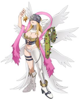 1girl angel angel_wings angewomon belt blonde_hair bodysuit boobplate breastplate breasts cleavage clothing_cutout commentary covered_eyes digimon digimon_(creature) elbow_gloves english_commentary full_body gloves helmet helmet_over_eyes high_heels highres hip_vent holding large_breasts liecomj long_hair o-ring parted_lips pink_ribbon ribbon simple_background single_glove single_leg_bodysuit smile solo star_(symbol) stomach_cutout strapless_bodysuit thigh_strap white_background white_bodysuit white_gloves white_wings wings