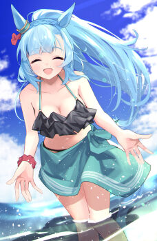 Rule 34 | 1girl, animal ears, aqua sarong, bare shoulders, bikini, black bikini, blue hair, blue sky, blush, braid, breasts, cleavage, closed eyes, cloud, collarbone, commentary request, crown braid, facing viewer, highres, horse ears, horse girl, large breasts, long hair, mejiro ardan (umamusume), meyamu, ocean, open mouth, outdoors, ponytail, sarong, scrunchie, sky, smile, solo, swimsuit, umamusume, water, wrist scrunchie