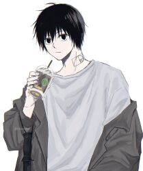 Rule 34 | 1boy, black hair, cup, disposable cup, drink, golden spiral, grey jacket, highres, holding, holding cup, holding drink, jacket, looking at viewer, nagumo (sakamoto days), neck tattoo, open clothes, open jacket, rokuen skd, sakamoto days, shirt, tattoo, twitter username, white background, white shirt