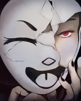 1girl artist_name black_nails closed_eyes cracked_kawaii_mask cracked_mask faceless female female_focus fingernails greyscale grin hand_on_mask imscared j3str4ss jacket mask mask_over_one_eye monochrome open_mouth red_eyes restorer_(imscared) smile