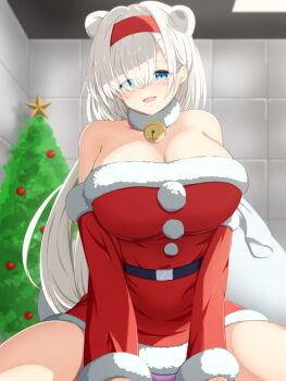 Rule 34 | :d, animal ears, arknights, aurora (arknights), bear ears, bear girl, blue eyes, breasts, christmas tree, cleavage, cowboy shot, dress, extra ears, eyes visible through hair, fur trim, grey hair, hair over one eye, hairband, highres, huge breasts, long hair, looking at viewer, open mouth, panties, purple panties, red dress, red hairband, santa costume, santa dress, sash, smile, strapless, strapless dress, thighs, tsue (surutsue), underwear