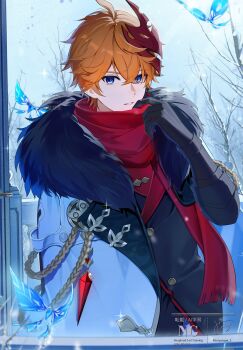 1boy absurdres bare_tree black_gloves blue_eyes crystalfly_(genshin_impact) earrings genshin_impact gloves hair_between_eyes highres jacket jewelry looking_at_viewer male_focus mask mask_on_head miyanami_3 open_mouth orange_hair scarf short_hair single_earring snow solo tartaglia_(genshin_impact) tree