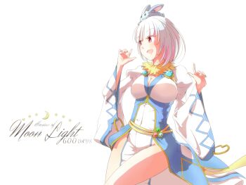 Rule 34 | 1girl, animal, animal on head, apron, blue dress, blunt bangs, blush, breasts, cleavage, commentary request, cowboy shot, dress, english text, fur collar, hands up, highres, juliet sleeves, large breasts, layered dress, long sleeves, looking afar, official alternate costume, on head, open mouth, pelvic curtain, pink eyes, puffy sleeves, rabbit, rabbit on head, ragnarok online, saishichi, short hair, simple background, smile, solo, sorcerer (ragnarok online), white apron, white background, white dress