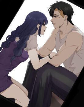 Rule 34 | 1boy, 1girl, black hair, blonde hair, boruto: two blue vortex, bracelet, braid, commentary request, dress, facial tattoo, highres, ifevilwhyuhot, jewelry, kakei sumire, kawaki (boruto), low twin braids, multicolored hair, muscular, muscular male, naruto (series), puffy short sleeves, puffy sleeves, purple dress, purple hair, short dress, short sleeves, sitting, squatting, tank top, tattoo, twin braids, two-tone hair, undercut, white tank top