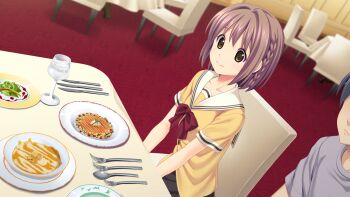 10s 1girl brown_eyes brown_hair chair food game_cg highres kitami_minamo koutaro protagonist_(tropical_vacation) short_hair smile table tropical_kiss tropical_vacation twinkle_(company)