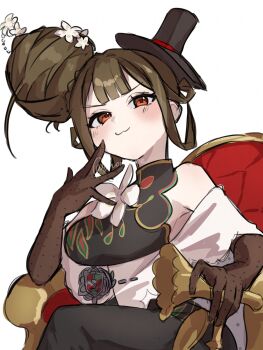 1girl :3 aisu_(ahono_ice) black_dress black_hat brown_hair cane chair dress elbow_gloves flower gloves hair_bun hair_flower hair_ornament hand_up hat highres holding holding_cane huge_hair_bun liqing_(xinyue_tongxing) looking_at_viewer mini_hat mini_top_hat neck_flower on_chair red_eyes shawl short_hair single_side_bun sitting sleeveless sleeveless_dress solo tilted_headwear top_hat twitter_username upper_body white_background white_flower white_shawl xinyue_tongxing