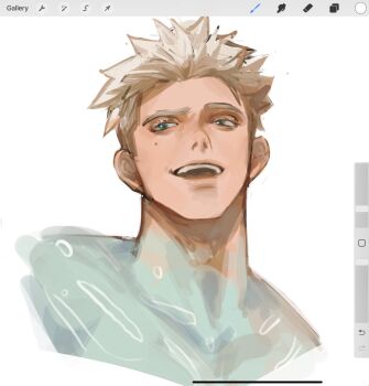 1boy art_program_in_frame blonde_hair blue_eyes bodysuit commentary cropped_shoulders english_commentary highres kookirani male_focus millions_knives round_teeth short_hair simple_background solo teeth trigun trigun_stampede upper_teeth_only white_background white_bodysuit