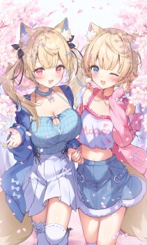 2girls :d ;d absurdres animal_ear_fluff animal_ears blonde_hair blue_camisole blue_eyes blue_hair blue_jacket blue_skirt blush breasts camisole cleavage clothes_writing commentary_request crop_top dog_ears dog_girl dog_tail fur-trimmed_jacket fur_trim fuwawa_abyssgard fuwawa_abyssgard_(casual) highres hololive hololive_english jacket large_breasts long_hair mococo_abyssgard mococo_abyssgard_(casual) multicolored_hair multiple_girls neru5 official_alternate_costume one_eye_closed open_clothes open_jacket open_mouth pink_eyes pink_hair pink_jacket shirt short_hair siblings sisters skirt smile spaghetti_strap streaked_hair tail thighhighs twins twintails virtual_youtuber white_camisole white_skirt white_thighhighs y2k_fashion