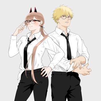 1boy 1girl absurdres adjusting_eyewear bespectacled black_necktie blonde_hair breasts brown_hair chainsaw_man commentary_request dakuonpu denji_(chainsaw_man) glasses hair_between_eyes hand_on_own_hip highres horns long_hair loose_necktie loose_socks medium_breasts necktie official_alternate_costume ponytail power_(chainsaw_man) red_eyes red_horns rolling_sleeves_up sharp_teeth shirt_partially_tucked_in shirt_tucked_in sleeves_rolled_up socks teeth very_long_hair