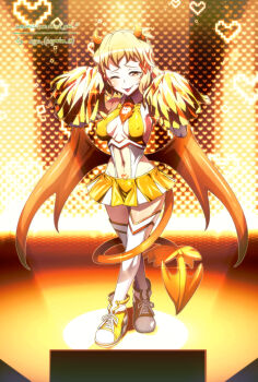 1girl armpits brown_eyes brown_hair cheerleader commission covered_erect_nipples demon_girl demon_horns demon_tail demon_wings fang full_body groin heart horns large_tail leotard looking_at_viewer naughty_face navel one_eye_closed pom_pom_(cheerleading) pubic_tattoo senki_zesshou_symphogear shoes signature skirt sneakers solo spotlight stage stage_lights stomach tachibana_hibiki_(symphogear) tail tattoo thighhighs tongue tongue_out uganda_(ugandam_00) white_thighhighs wings yellow_leotard yellow_shoes