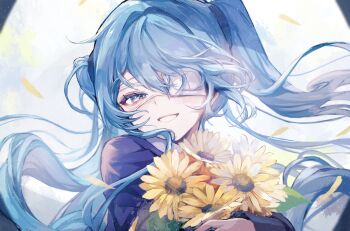 1girl black_jacket blue_eyes blue_hair commentary_request eyepatch falling_petals flower full_moon hair_between_eyes hair_intakes hatsune_miku highres holding holding_flower jacket long_hair long_sleeves looking_at_viewer moon night one_eye_covered parted_lips petals pipi_(pipinavigation) sleeves_past_wrists smile sunflower teeth turning_head twintails upper_body very_long_hair vocaloid yellow_petals