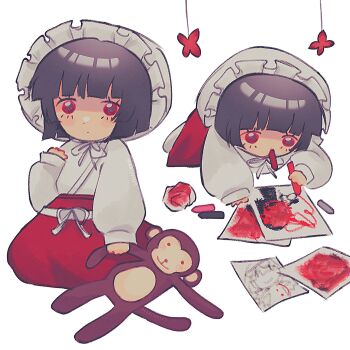 1girl aged_down baby black_hair blunt_bangs crayon drawing_(action) eating_crayons eating_non-food hair_intakes hashtag-only_commentary heartspiled highres holding holding_crayon holding_toy japanese_clothes kimono limbus_company long_sleeves looking_at_viewer looking_down lying monkey multiple_views obijime paper project_moon puffy_sleeves red_eyes red_skirt ryoshu_(project_moon) short_hair sitting skirt stuffed_animal stuffed_toy toy white_background white_headdress white_kimono