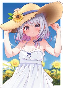 1girl absurdres armpits arms_up blue_bow blue_sky blush bow braid breasts cowboy_shot dress earrings flower frilled_dress frills hair_bow hat hat_flower highres jewelry looking_at_viewer medium_hair parted_lips purple_eyes purple_hair single_hair_streak sky small_breasts straw_hat sundress sunflower toketa-sekai tosaki_mimi virtual_youtuber vspo! white_dress