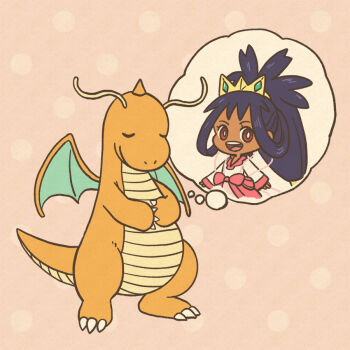 1girl bow bright_pupils brown_eyes chibi closed_eyes closed_mouth commentary_request crown dark-skinned_female dark_skin dragon dragon_wings dragonite dress eyelashes full_body gen_1_pokemon hair_rings horns imagining iris_(pokemon) long_hair mojacookie nintendo official_alternate_costume official_alternate_hairstyle official_art open_mouth pink_bow pokemon pokemon_(anime) pokemon_(creature) pokemon_journeys polka_dot polka_dot_background purple_hair second-party_source single_horn smile speech_bubble standing teeth thought_bubble upper_body upper_teeth_only very_long_hair white_dress white_pupils wings