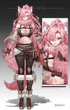 1girl animal_ear_fluff animal_ears belt bimten black_pants boots breasts brown_belt brown_boots chest_harness cigma cleavage closed_mouth eyelashes gradient_pants grey_pants hair_over_one_eye harness highres indie_virtual_youtuber lips long_hair midriff navel pants pink_hair red_eyes second-party_source shadow tassel torn_clothes torn_pants twitter_username virtual_youtuber watermark