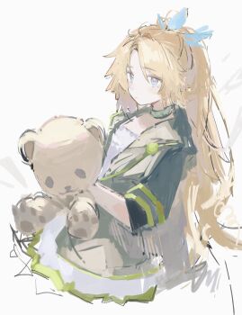 1girl absurdres arknights blonde_hair blue_eyes closed_mouth dress green_jacket hashtag-only_commentary highres holding holding_stuffed_toy infection_monitor_(arknights) jacket long_hair long_sleeves looking_at_viewer mole mole_under_eye open_clothes open_jacket parted_bangs pinecone_(arknights) pinecone_(season_of_travel)_(arknights) ponytail solo stuffed_animal stuffed_toy teddy_bear white_background white_dress yoioisss
