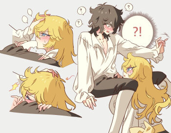 !? 1boy 1girl andre_grandier black_pants blonde_hair blue_eyes blush brown_eyes brown_hair closed_eyes collared_shirt fellatio grey_background hand_on_another&#039;s_head hetero long_hair long_sleeves medium_hair meremero oral oscar_francois_de_jarjayes pants shirt sleeves_past_wrists straight_hair sweatdrop versailles_no_bara white_shirt wing_collar