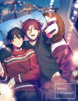 2boys black_hair black_sweater blue_eyes brown_pants christmas_lights closed_mouth commentary_request foreshortening free! highres indoors male_focus matsuoka_rin merry_christmas multiple_boys nanase_haruka_(free!) on_bed open_mouth pants pillow red_eyes red_hair red_sweater shaaark_rotta03 sharp_teeth short_hair signature sweater teeth window yaoi
