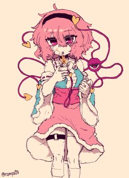 Rule 34 | 1girl, bare shoulders, black hairband, cigarette, commentary request, detached sleeves, fire, hair between eyes, hairband, highres, holding, holding lighter, komeiji satori, korean commentary, lighter, long sleeves, looking at viewer, pink eyes, pink hair, rampa93, short hair, simple background, solo, third eye, touhou, twitter username, wide sleeves