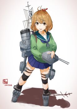 1girl absurdres adapted_turret artist_logo bandaid bandaid_on_face black_socks blue_sailor_collar blue_skirt brown_eyes brown_hair commentary_request dated full_body gradient_background green_sweater grey_background highres kantai_collection knee_pads logo machinery oboro_(kancolle) pleated_skirt sailor_collar shadow short_hair simple_background skirt smokestack socks solo standing sweater torpedo_launcher white_background yuushou