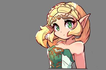 1girl absurdres bare_shoulders blonde_hair closed_mouth commentary cropped_torso english_commentary eyelashes green_eyes grey_background highres medium_hair nin10ja nintendo pointy_ears princess_zelda sidelocks simple_background solo the_legend_of_zelda the_legend_of_zelda:_tears_of_the_kingdom thick_eyebrows