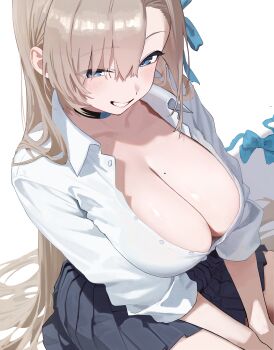 1girl absurdres asuna_(blue_archive) asuna_(school_uniform)_(blue_archive) asymmetrical_bangs blonde_hair blue_archive blue_bow blue_bowtie blue_eyes blue_halo blue_ribbon blue_scrunchie blush bow bowtie breasts button_gap choker hair_over_one_eye hair_ribbon halo highres large_breasts long_hair looking_at_viewer loose_bowtie mole mole_on_breast pleated_skirt ribbon school_uniform scrunchie shirt skirt smile solo very_long_hair white_shirt wrist_scrunchie yue3621