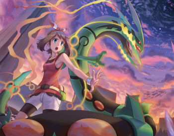 1girl bike_shorts bike_shorts_under_shorts black_sclera black_shorts blue_eyes bracelet brown_hair claws cloud cloudy_sky colored_sclera commentary_request dragon eastern_dragon eyelashes fanny_pack gen_3_pokemon hairband highres hooh_lin jewelry legendary_pokemon may_(pokemon) mega_pokemon mega_rayquaza mega_ring mega_stone nintendo open_mouth pokemon pokemon_oras rayquaza red_eyes red_hairband red_shirt shirt shorts sky sleeveless sleeveless_shirt standing star_(sky) teeth upper_teeth_only white_shorts