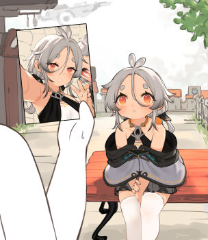 1boy 2girls absurdres antenna_hair armpits bare_shoulders bench blush grey_hair grin hair_between_eyes halterneck highres hikimayu holding holding_photo koebushi_(mat) low_twintails multiple_girls no_nose original outdoors photo_(object) red_eyes selfie sitting skirt smile sweatdrop thighhighs twintails v v_arms wall-eyed white_thighhighs