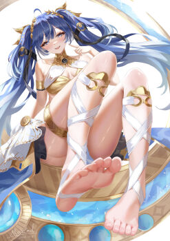 1girl absurdres ahoge armlet az_(moyugod) bare_shoulders barefoot blue_eyes blue_hair blush breasts commentary dated feet foot_focus foreshortening full_body gold_bra gradient_hair hair_belt hand_up highres index_finger_raised iuno_(wuthering_waves) jewelry large_breasts laurel_crown leg_wrap long_hair looking_at_viewer multicolored_hair open_mouth pointing pointing_at_self presenting_foot revision signature sitting smile soles solo streaked_hair thighlet thighs toes twintails very_long_hair wuthering_waves