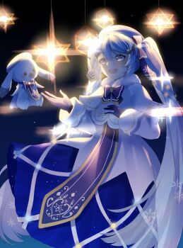 1girl absurdres animal aryuma772 beret black_background blue_bow blue_eyes blue_gloves blue_hair blue_tabard blush bow braid capelet christmas_lights commentary_request dress fortissimo gloves gold_trim hair_between_eyes hair_ornament hat hatsune_miku highres long_hair long_sleeves looking_at_another musical_note musical_note_hair_ornament official_alternate_costume official_alternate_hairstyle open_mouth rabbit_yukine smile snowflake_print tabard twintails very_long_hair vocaloid white_capelet white_hat white_rabbit_(animal) yuki_miku yuki_miku_(2021)