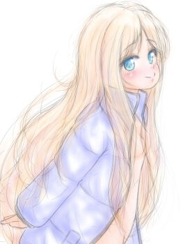 1girl blonde_hair blue_coat blush bottomless breasts coat commentary_request diana_(pragmata) from_side green_eyes hair_over_breasts highres loli long_hair messy_hair moeya1234 naked_coat open_clothes open_coat pragmata sketch small_breasts smile solo upper_body
