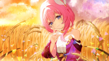 1girl bare_shoulders blue_eyes breasts coat commentary cyrene_(aedes_elysiae)_(honkai:_star_rail) cyrene_(honkai:_star_rail) dress hair_ornament honkai:_star_rail honkai_(series) index_finger_raised jewelry looking_at_viewer medium_hair necklace outdoors pink_hair purple_coat rerute_(lerte_6) sky small_breasts smile solo wheat wheat_field white_dress