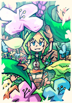 1girl arm_up blonde_hair blue_eyes blue_flower boots border braid brown_boots brown_gloves commentary compass english_commentary flower gloves grass green_jacket hood hood_up hooded_jacket hyrule_warriors jacket leaf linkle mini_person minigirl moss nintendo open_clothes open_jacket outdoors pink_flower pointy_ears rock setz smile solo the_legend_of_zelda the_legend_of_zelda:_the_minish_cap twin_braids white_border white_flower