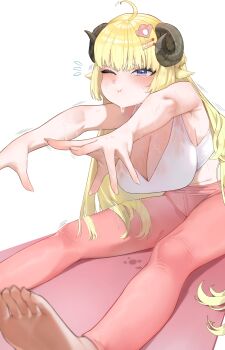 1girl absurdres ahoge alternate_costume animal_ears barefoot blonde_hair blush breasts cleavage closed_mouth hair_ornament hairpin highres hololive horns large_breasts long_hair looking_at_viewer pants pink_pants purple_eyes reachisang sheep_ears sheep_girl sheep_horns shirt solo stretching tsunomaki_watame very_long_hair virtual_youtuber white_shirt