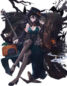 1girl absurdres alternate_costume bare_shoulders belt black_belt black_hat black_shoes bow branch breasts brown_hair cake_cat_(honkai:_star_rail) cleavage closed_mouth commentary_request dress green_dress green_eyes green_nails grey_pantyhose hair_between_eyes halloween halloween_costume hand_up hat hat_bow hat_feather high_heels highres honkai:_star_rail honkai_(series) long_hair medium_breasts multicolored_hair nail_polish orange_bow pantyhose ruan_mei_(honkai:_star_rail) sasa_(sasa_ekakiman) shoes simple_background sitting smile solo streaked_hair white_background