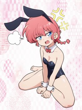 1girl anger_vein animal_ear_hairband animal_ears barefoot black_leotard blue_eyes bow bowtie braid braided_ponytail breasts cleavage commentary_request detached_collar fake_animal_ears full_body hairband highres leotard long_hair looking_at_viewer odochi_(1or8) playboy_bunny puff_of_air rabbit_ears ranma-chan ranma_1/2 red_bow red_bowtie red_hair sitting small_breasts solo strapless strapless_leotard wrist_cuffs